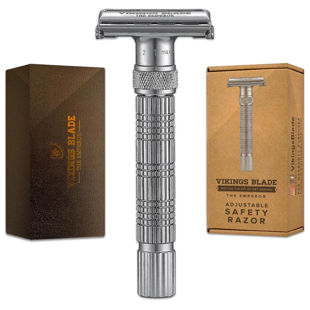 VIKINGS BLADE Adjustable Double Edge Safety Razor + Luxury Case. Smooth, Reusable, Eco-Friendly (The Emperor Frosted Chrome)