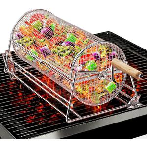 2-in-1 Rolling Grill Basket with Dual Handles, 304 Stainless Steel Rotatable BBQ Basket with Crank Handle & Straight Grip Handle, Grill Net for Vegetables, Shrimp & More, Gift Idea for Men, Dad, Husband
