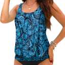 Yonique Blouson Tankini Swimsuits for Women Loose Fit Floral Printed Modest Two Piece Bathing Suits (X-Small, Blue Black Paisley)