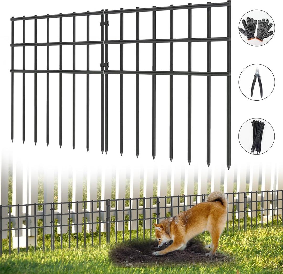10 Pack Garden Animal Barrier Fence, 17in H x 10.8ft L, Black Modern Steel Garden Fence Panels