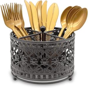 360 Rotating Metal Utensil Caddy - 4 Compartment Vintage Silverware Cutlery Holder Fork Spoon Napkin Organizer Flatware Storage Basket Party Countertop Buffet Picnic Camping Outdoor Black