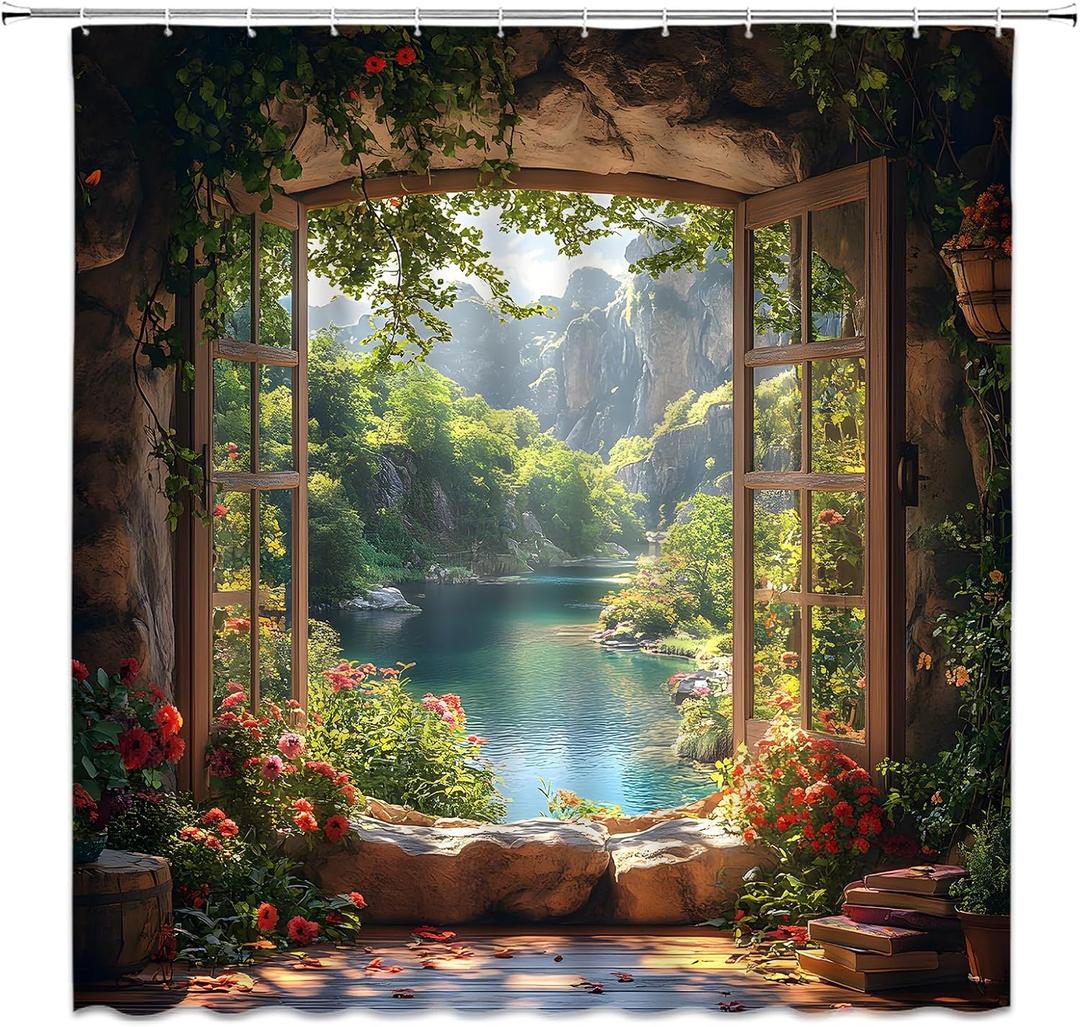 Nature Garden Shower Curtain Forest Mountain Stone Wall Flower Green Leaf Vine Rustic Farmhouse Cabin Window Scenery Bathroom Curtain Fabric with Hooks(70" WX70 H)