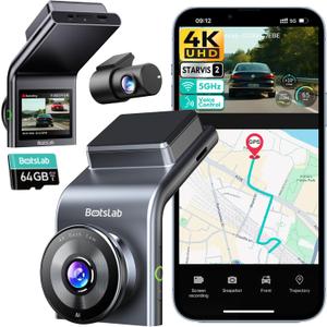 BOTSLAB 4K Dash Cam Front and Rear, STARVIS 2 Sensor, Voice Control, 64GB Card Included, 5GHz WiFi Dashcam Front and Rear Camera, Built in GPS, WDR Night Vision, 170Wide Angle, 24H Parking Mode