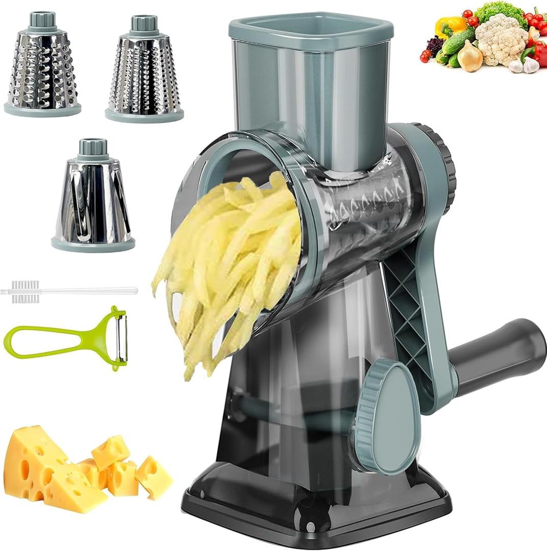 Cheese Grater with Handle, Multifunctional Manual Rotary Cheese Grater - Cheese Shredder Easily Chop Carrots, Potatoes, Vegetables and Fruits and Easy to Clean(Blue) (Gray)