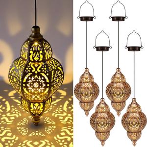 4 Pcs Hanging Solar Lights Moroccan Outdoor Decor Solar Lantern Waterproof Metal Moroccan Decorations for New Year Thanksgiving Patio Pathway Yard Porch Backyard Garden (Classic Color)