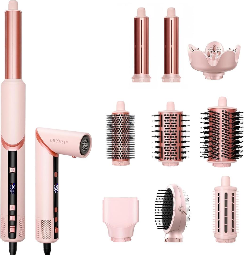9 in 1 Hair Styler & Air Dryer Wrap Curler, High-Speed Negative Ionic Foldable Hair Tools Fast Drying, Multi Professional Hot air Styler for Curling Volumizing Straightening Styling (Pink/Black)