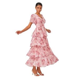 ADOR Women's Floral Summer Empire Waist V Neck Casual Long Flowy Chiffon Maxi Dress Ruffle Tiered Short Sleeve A-line Dreses Pink Large