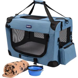 Petprsco Portable Collapsible Dog Crate, Travel Dog Crate 24x17x17 with Soft Warm Blanket and Foldable Bowl for Large Cats & Small Dogs Indoor and Outdoor (24x17x17 Inch, Blue)
