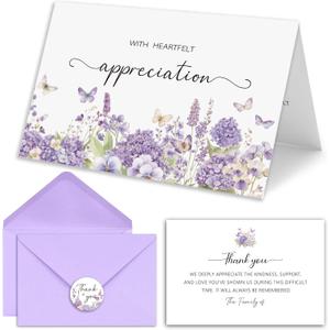 25Pcs Funeral Thank You Cards with Envelopes, Purple Watercolor Butterfly Floral Design Message Inside 4x6In Sympathy Thank You Card for Funeral Bereavement