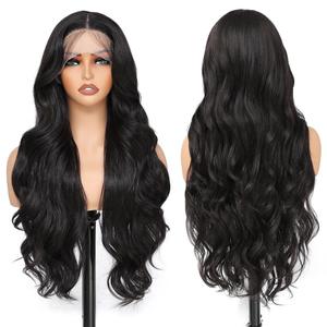 X-TRESS Black Lace Front Wigs Synthetic for Women,28Inch Wear and Go Glueless Body Wave Middle Part Front Lace Hairline Wig Pre-Plucked Heat Resistant Synthetic Wig for Daily Baby hair 1B black