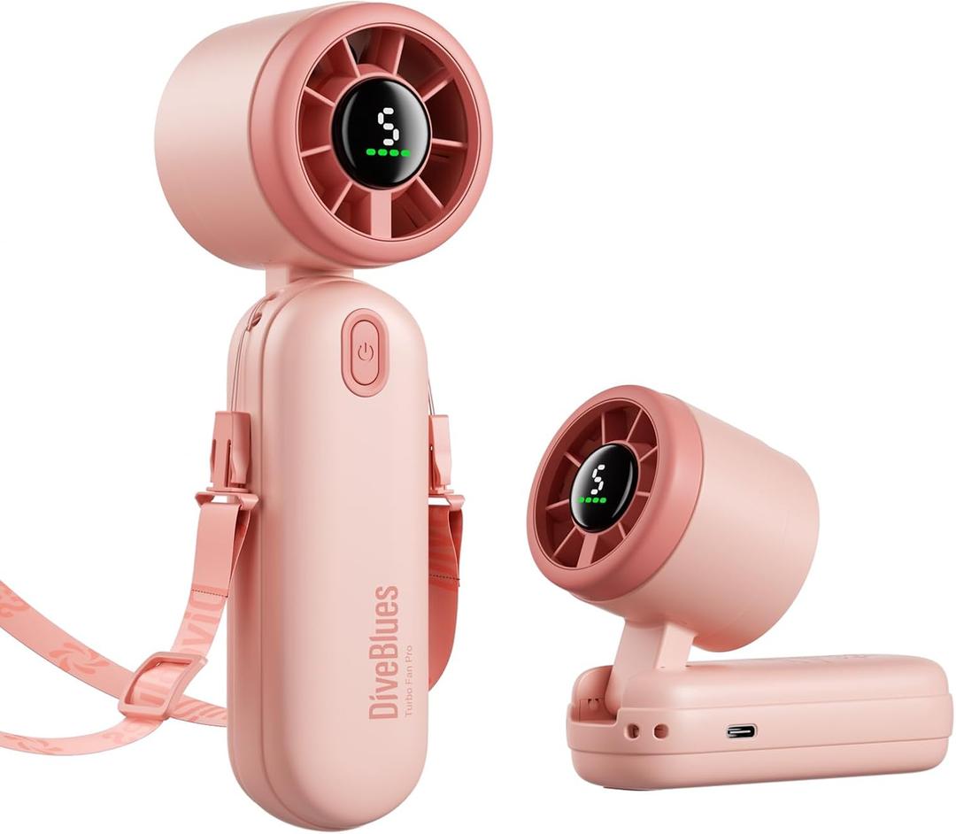 Diveblues Mini Handheld Fan, 30ft/s Portable Turbo Fan [12H Max Cooling], 4000mAh Personal Fan with LED Display, 3-in-1 Hand Held/Neck/Desk Fan for Travel, Cruise, Disney Essentials
