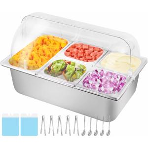 Cold Ice Food Serving Display tray 5 Pan 3 Ice Pack Clear Lid Cooled Condiment Serving Container Dispenser Cold Serving Buffet Server Cooler Spice Food Display Rack Sauce Organizer forParties