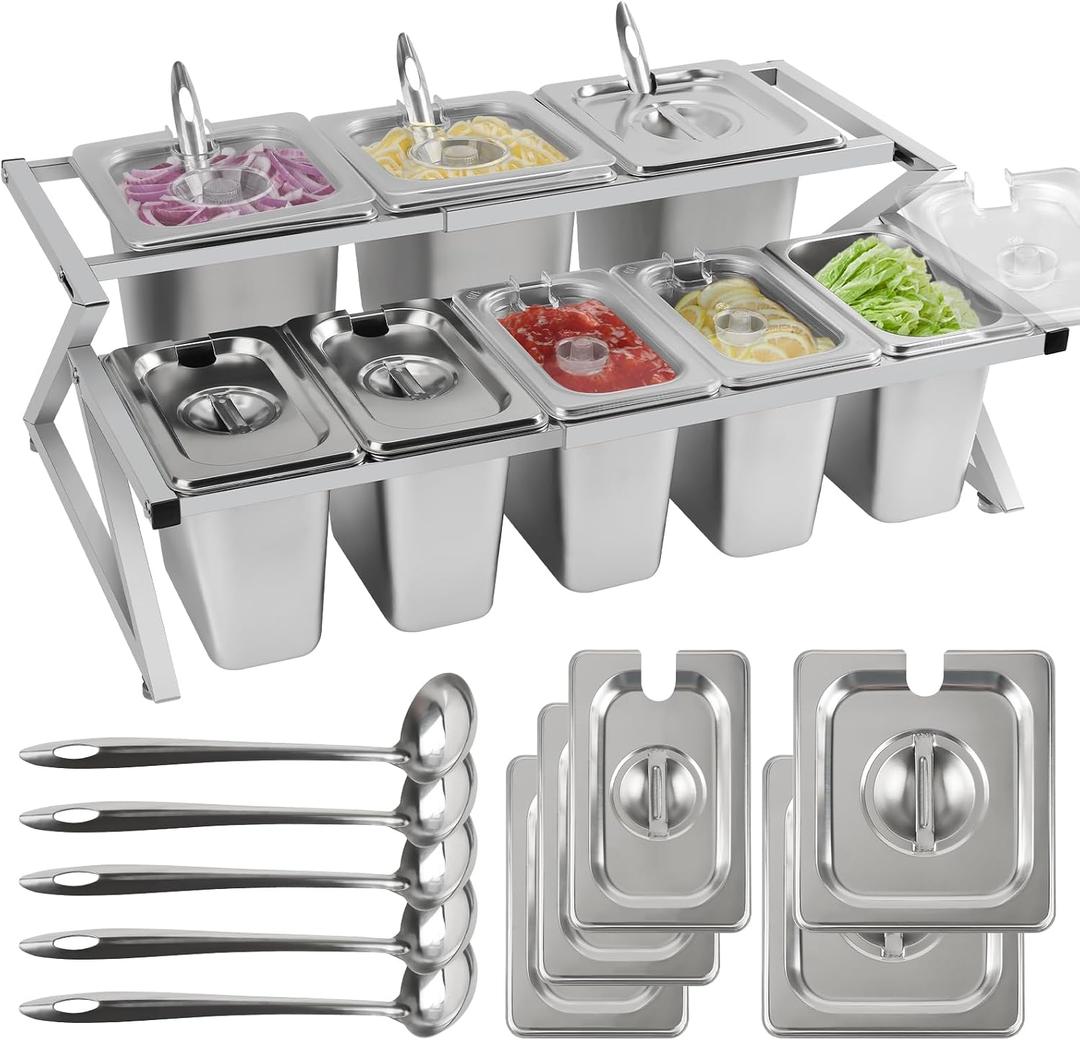 8 Pans Spice Rack Shelf 2 Row Stainless Steel Bar Garnish Serving | Salad Bar with Lids Spoons Countertop Inclined Holder Buffet Containers Set for Sauce Jam Fruits Ingredient Kitchen