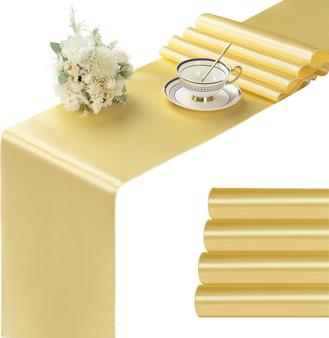 Manyshofu 4Pcs Satin Yellow Gold Table Runner - 12 x 108 Inch Long Size, Party Table Runner Decor Bright & Smooth Wedding Decorations Table Runners for Banquet Chef Birthday Buffet Dinner Graduations