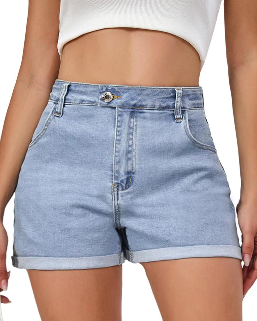 VIPONES Denim Shorts Women Stretchy High Waisted Fold Hem Jean Shorts 3.5 Inch Inseam Casual Summer Hot Shorts After Dusk Blue (Blue, XS)