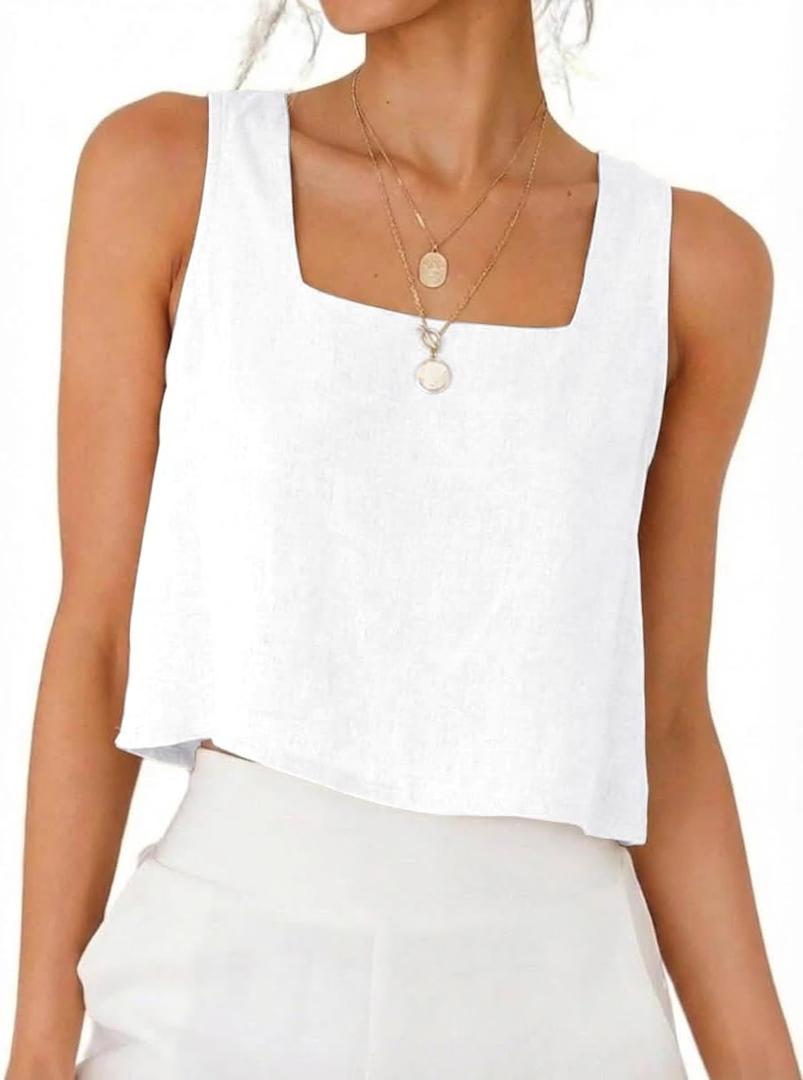 IDEALSANXUN Womens Square Neck Linen Tank Tops Spring Summer Beach Sleeveless Shirts Blouses Vest Top (White, S)