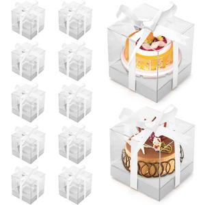 12 Pack Clear Plastic Cupcake Boxes, 3.5 Inch Silver Single Cupcake Containers Disposable Individual Cupcake Carrier Holder Box with Inserts and Ribbon Clear Boxes for Cupcakes (Silver)