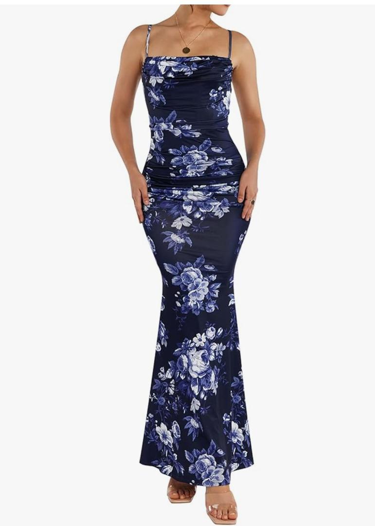 No Brand Women's Sleeveless Bodycon Corset Maxi Dress Spaghetti Strap Ruched Elegant Evening Wedding Guest Long Formal Dresses M