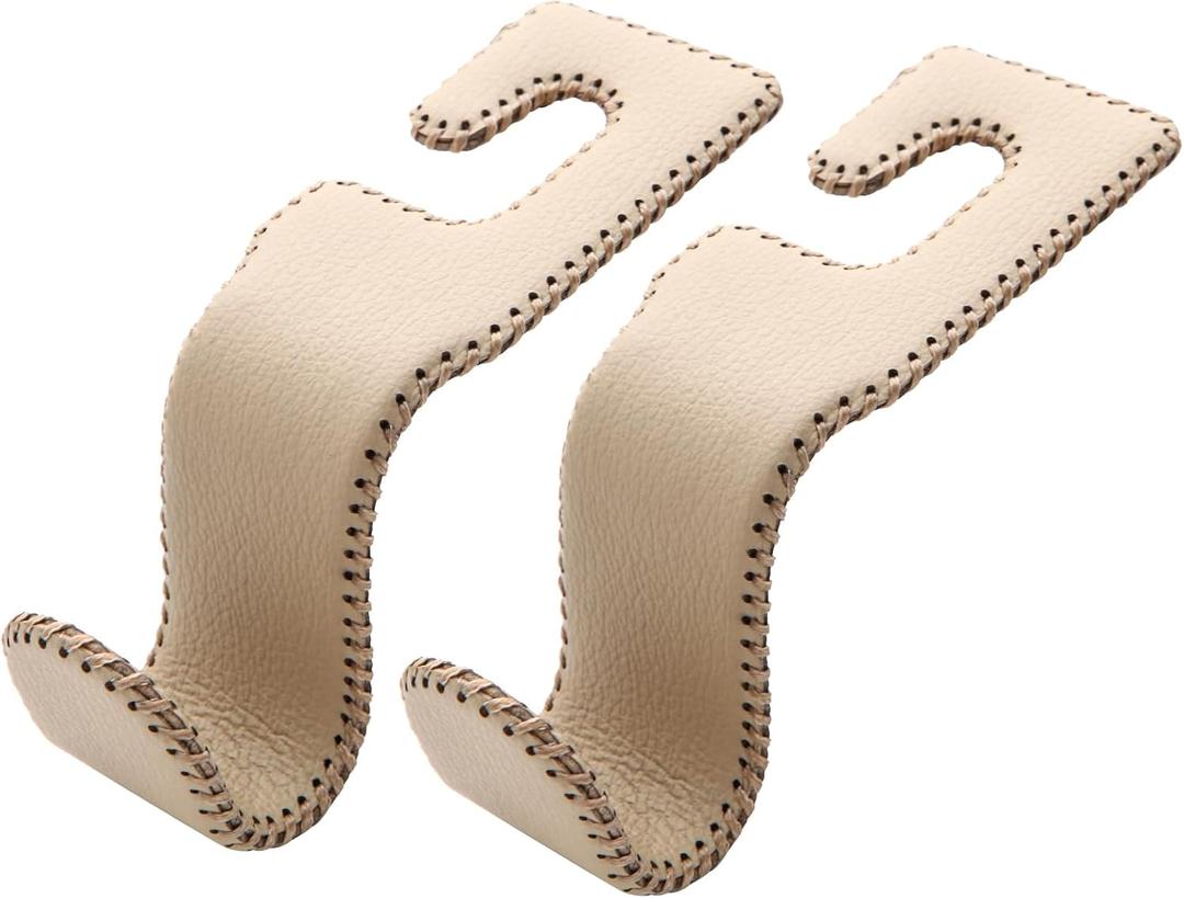 AMVOYOA U-Shaped Car Leather Hooks Car Purse Holder, Headrest Hooks for Car, Back Seat Organizer - Elevate Your Travel Experience!(Beige)