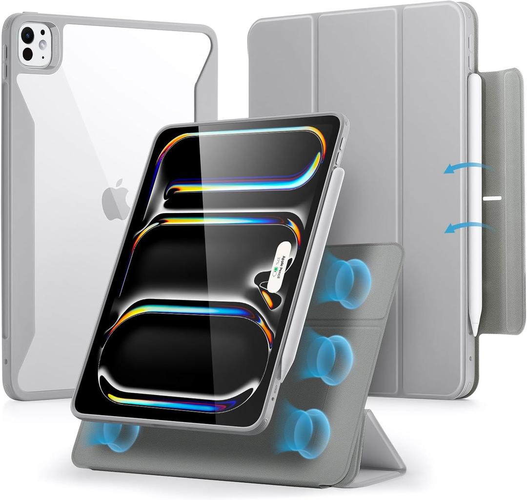 ESR for iPad Pro 11 Inch Case (M5/M4) 2025/2024, Removable Magnetic Cover, Vertical Stand, Fully Supports Pencil Pro and Pencil (USB-C), Rebound 360 Series, Grey