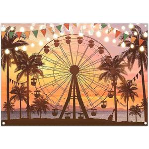 ZTHMOE Fabric 7x5ft Summer Seaside Ferris Wheel Photography Backdrop Sunset Palm Tree Beach Hawaiian Background Indoor Festival Party Decoration Holiday Photo Banner Booth