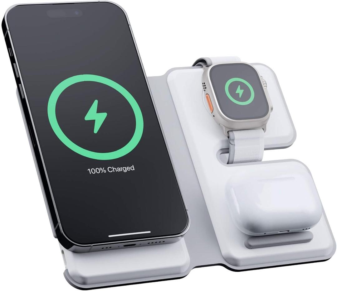 NYTSTND 3-in-1 Wireless Charger Trio Travel, 15W Foldable Fast Charging for Phone, Watch, Earpbuds, Wireless Charger Stand, MagSafe iPhone 17/16/15/14/13/12 Series & iWatch & AirPods