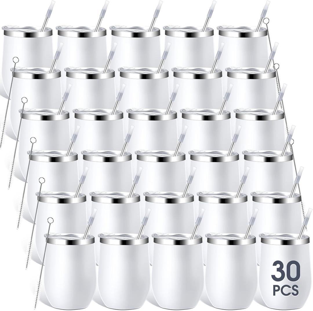 Inbagi 30 Pieces 12 oz Stainless Steel Wine Tumbler Bulk Double Wall Vacuum Insulated Wine Glasses with Lids and Straws Travel Mugs Coffee Tumbler Cups for Wedding Birthday Party Favor Gifts (White)