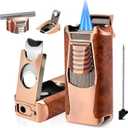 All in One Butane Torch Lighter, Triple Jet Flame Windproof Lighter Built-in Cutter, Punch, Holder, Draw Enhancer, Refillable Butane Lighter for Candles, Cool Lighters Gift for Men (No Gas)