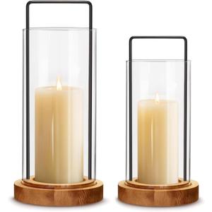 Houmury Set of 2 Hurricane Candle Holders Lantern 12 & 10with Wood Base Metal Handle Glass Cylinder Modern Farmhouse Decor for Home Decoration, Table Centerpieces (Warm Amber Brown)
