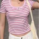 Verdusa Women's Coquette Striped Crop Tops Scoop Neck Short Sleeve Fitted Summer T Shirt (S)