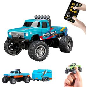 Mini Rc Truck, 1:64 Scale Monster Truck Remote Control Car with Lights, 2.4Ghz Remote Control, Speed/Steering Adjustable (Blue-B)