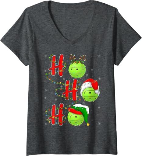 Womens Matching Family Xmas Santa Ho Ho Ho Pickleball Christmas V-Neck T-Shirt (Gray, M)