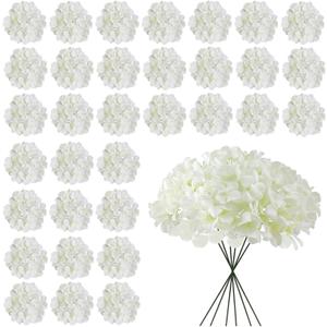 White Hydrangea Artificial Flowers Bulk, 30 Pcs Faux Hydrangea Flowers Heads, Artificial Fake Silk Hydrangea Flowers with Stems, White Flowers Artificial for Decoration Wedding Dcor