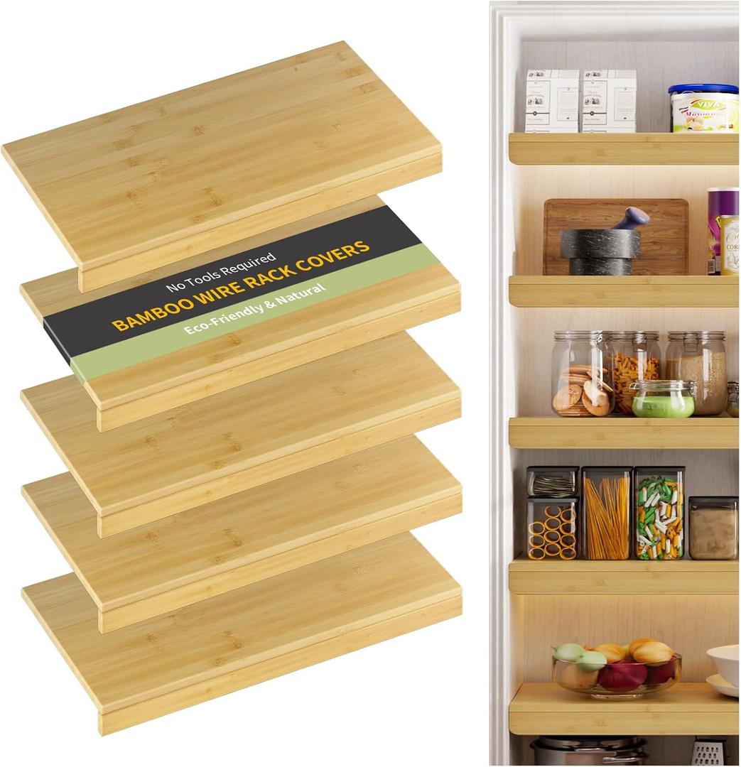Wire Shelf Covers, Bamboo Wire Rack Covers for Pantry, Closet, Kitchen (5pcs, 32" W x 16" D, Natural)