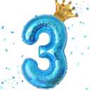 40 Inch Blue Number 3 & Mini Crown Balloon for Birthday Party Decorations, 3rd Birthday Party Decorations Blue Theme Party Balloons Decorations Supplies