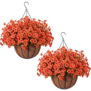 Hananona 24 Pcs Artficial Outdoor Flowers with Hanging Baskets, Orange Fall mums 2 Pack Hanging Planter with Outdoor Fall Flowers for Autumn Porch Garden and Home Patio Yard Decor (2, Orange)