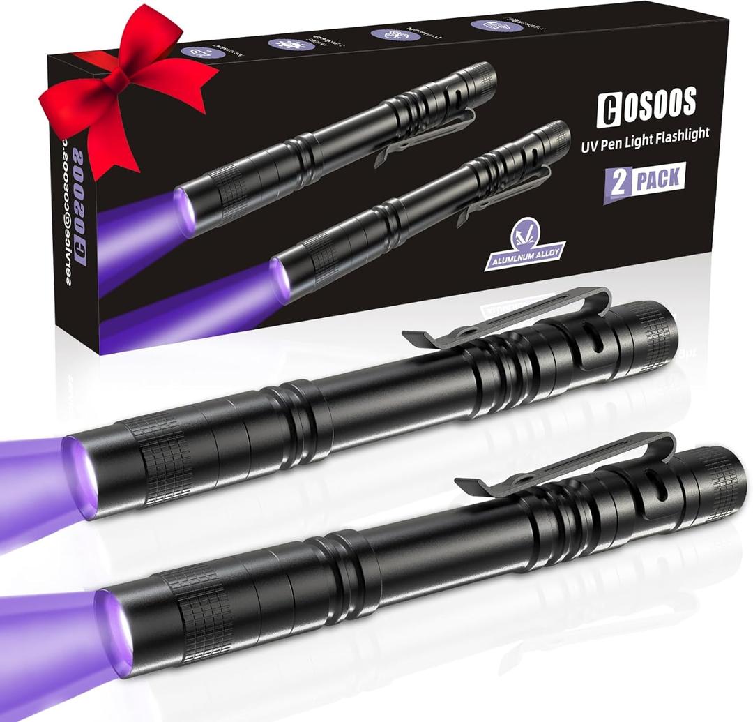 COSOOS 2 UV Black Light Flashlight, 2 Pack 395nm Mini Pen Light with Clip, Waterproof Ultraviolet Flashlight for Leak, Pet Urine, Scorpion, Hotel Inspection, Dry Stain and Bed Bug