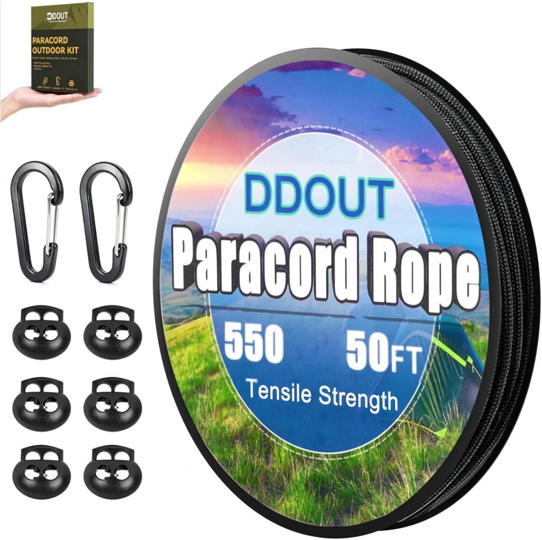 DDOUT Paracord Rope, Paracord Kit with Keychain Carabiner Clips and Cord Locks, 50FT Nylon Rope and Accessories for Making Keychain Lanyard, Craft Projects DIY, Camping, Hiking and Outdoor