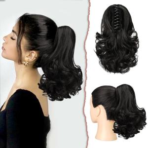 SOFEIYAN Ponytail Extension 11 inch Claw Clip Ponytail Hair Extensions Long Curly Wavy Ponytail Fluffy Clip on Pony Tails Synthetic Hairpiece for Women Darkest Brown Tend to Black