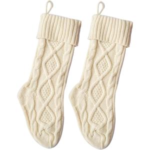 Cable Knit Christmas Stockings Kits Solid Color White Ivory Classic Decorations 18" (18inch 2PCS, White)