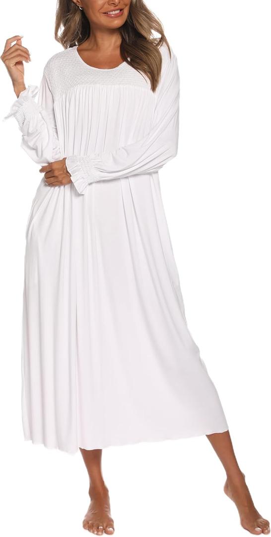 AVIIER Long Sleeve Nightgowns for Women Soft Cotton Victorian Night Gowns Ladies Sleepwear with Pockets (XX-Large, White)