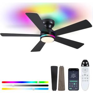 Black RGB Ceiling Fans with Lights - 46" Flush Mount Ceiling Fan with Remote APP, RGB+3CCT Dimmable Led Light, Reversible 6 Wind Speeds&2H Timer, Low Profile Modern Fan Light Fixture for Bedroom Party