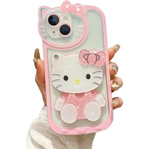 Cute Cartoon Designed for iPhone 15 Case, 3D Bow Kawaii Cartoon Cat Case with Mini Makeup Mirror for Girls Women Soft Silicone Clear Shockproof Phone Cover for iPhone 15 6.1", Pink