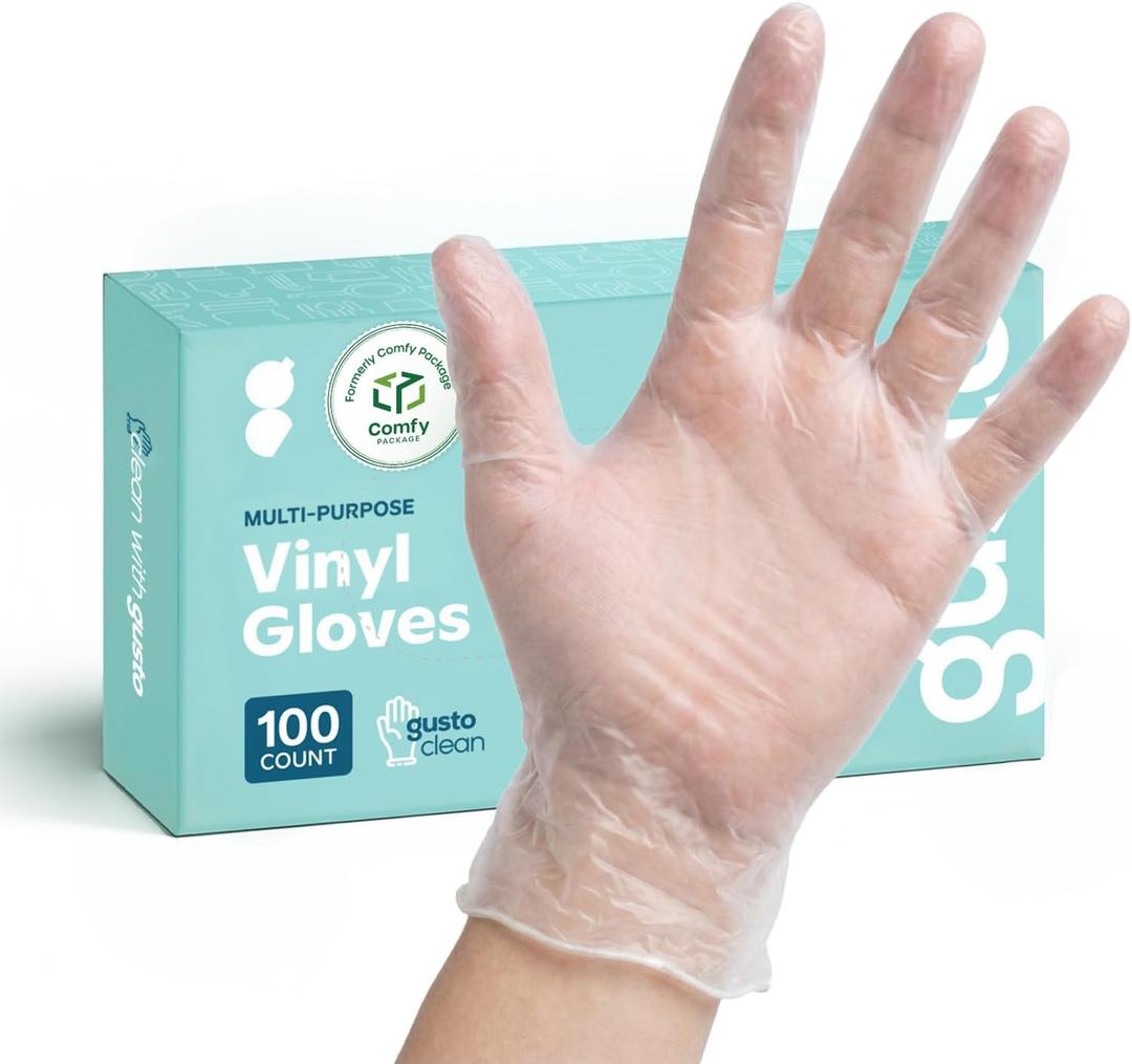 GUSTO Disposable Vinyl Gloves Clear, Latex-Free, Powder-Free, BPA-Free Safe for Food Handling, Cooking & Cleaning (M)