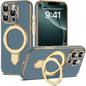 ETPESOK Compatible with iPhone 16 Pro Case with Magnetic Ring Stand [Compatible with MagSafe] [Full Camera Lens Protector] Soft Plating Phone Case for iPhone 16 Pro 6.3", Grey Blue