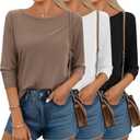 Huukeay 3 Pack 3/ 4 Sleeve Tops for Women Boat Neck Loose Fit Casual Tunic Shirts Ladies Basic Tees Fall(Large, Black, White, Coffee)