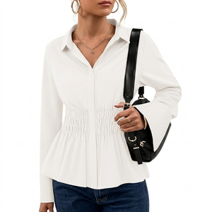 ZESICA Womens 2026 Spring Long Sleeve Blouse Business Dressy Casual Button Down Shirts Peplum Tops Fashion Trendy Clothes White Medium