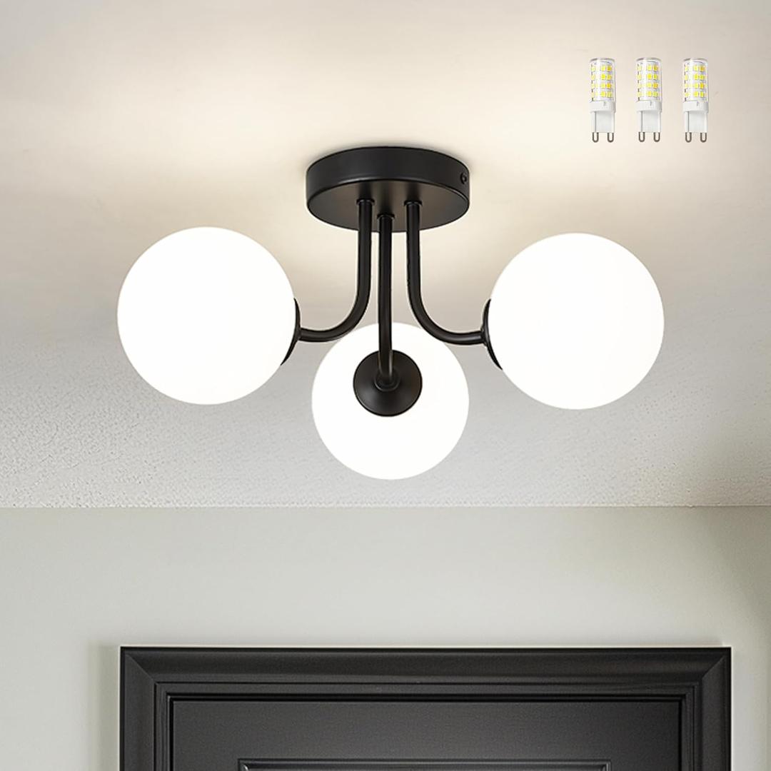 3-Globe Black Flush Mount Ceiling Light in a Modern Farmhouse Design is Ideal for Living Rooms, Bedrooms, or Dining Rooms. Model:CKCL4845-3W-BK(Bulb Incl)