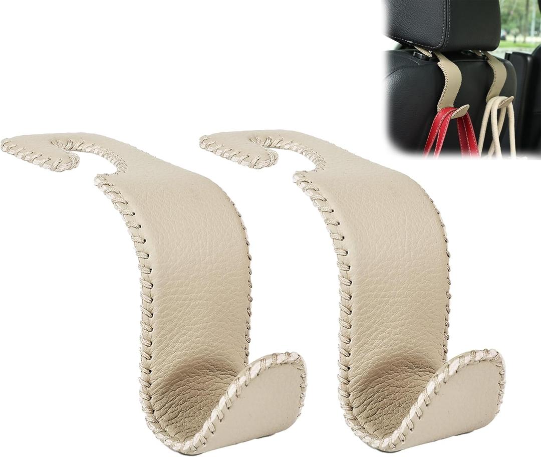 Amooca Car Seat Headrest Hook Universal Vehicle Storage Hanger Leather with Metal Car Seat Back Organizer for Handbag Purse Coat Beige 2 Pack