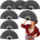 Thyle 6 Pcs Large Folding Fan for Line Dancing Bulk Boots on The Ground Hand Fan Black Popping Clapping Party Favors Decoration Gift for Edm Festival Club Summer(Classical)